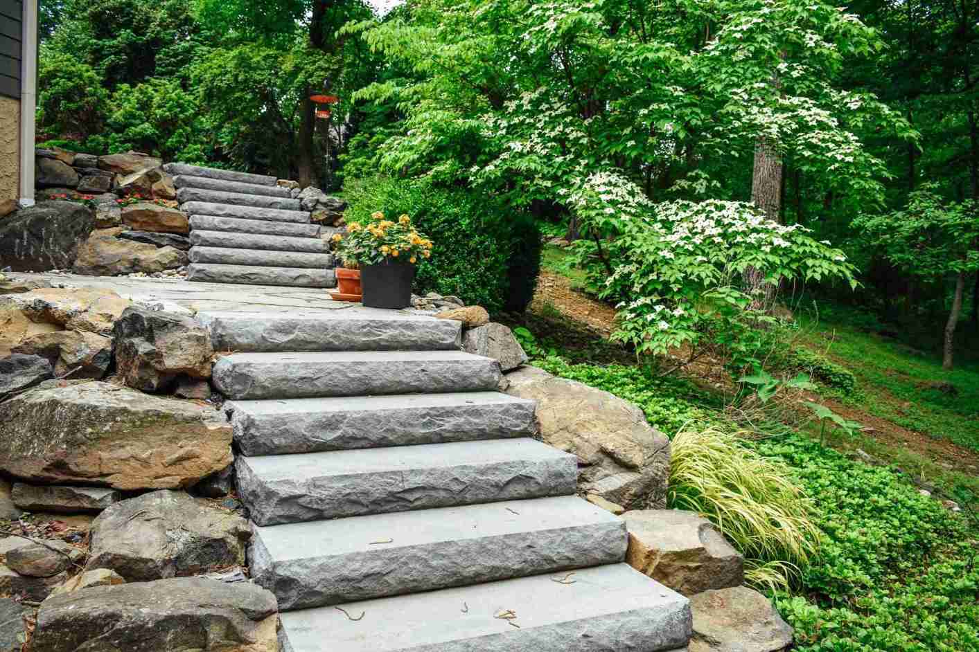 Bluestone boulder stairway with dogwood