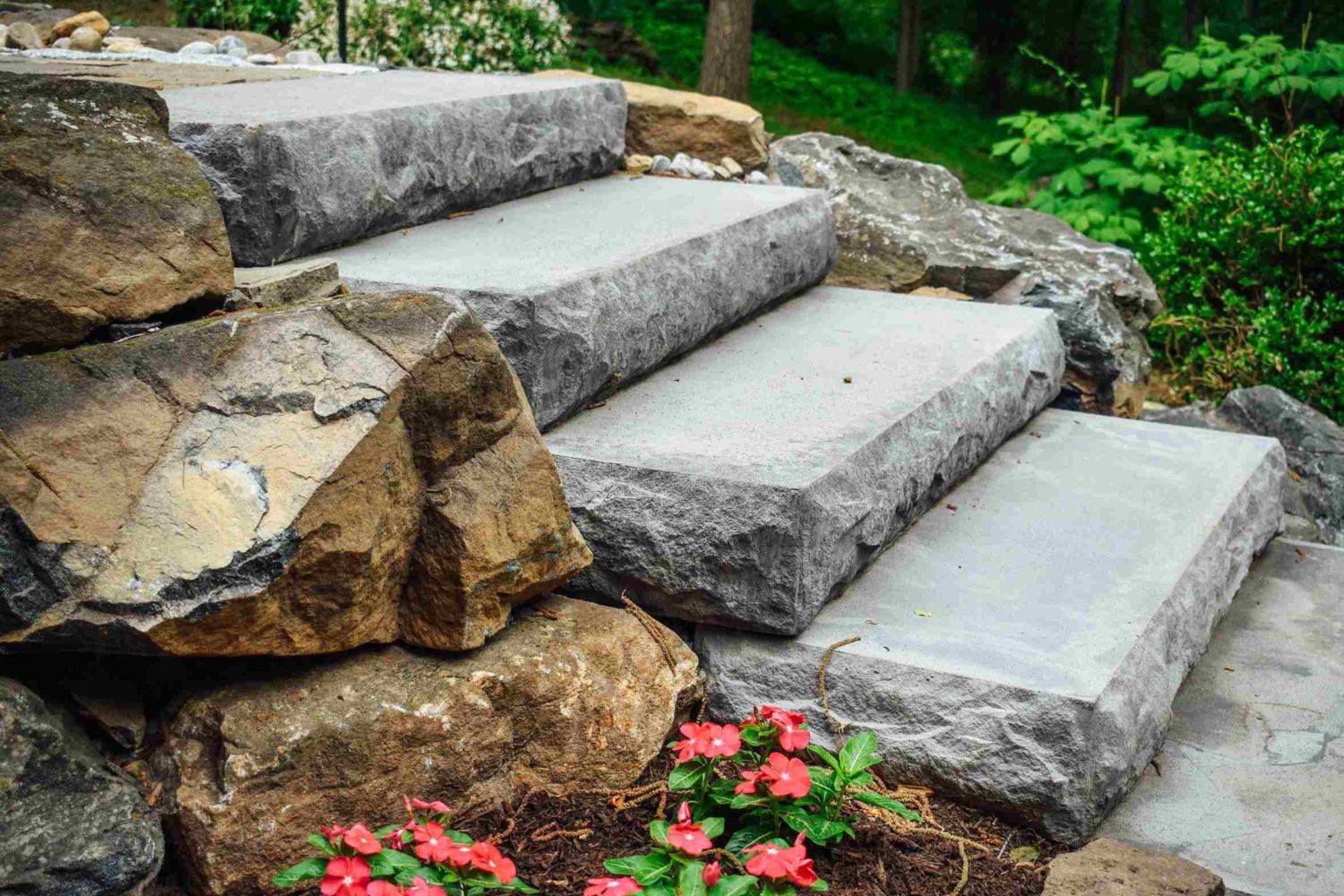 Boulder and bluestone steps — drainage makeover in Chester County