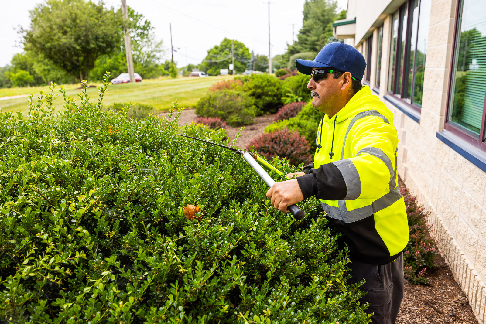 Pickel Landscape Group crew shearing hedges at an HOA commercial property in Chester County