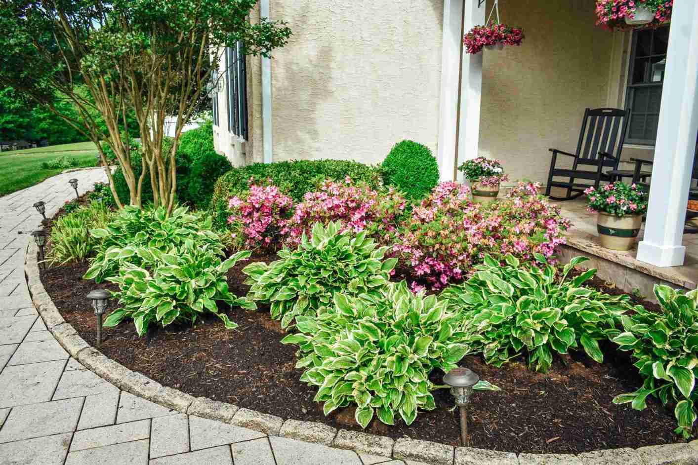 Hosta and azalea foundation bed with porch