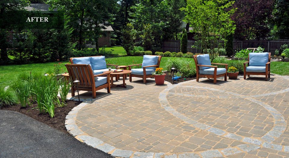 Circular paver patio with seating area