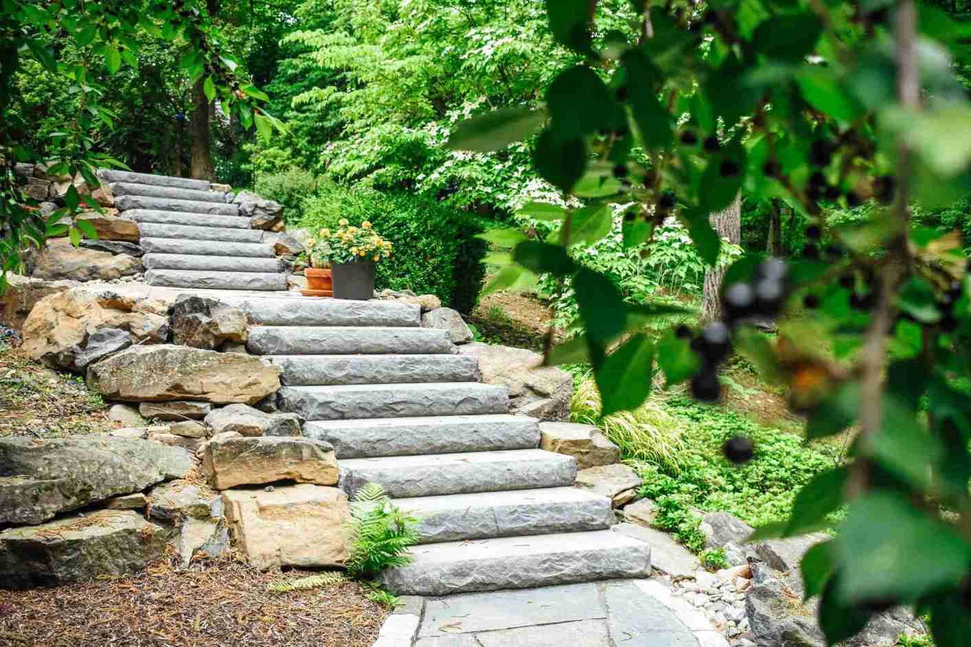 Natural stone steps through lush garden