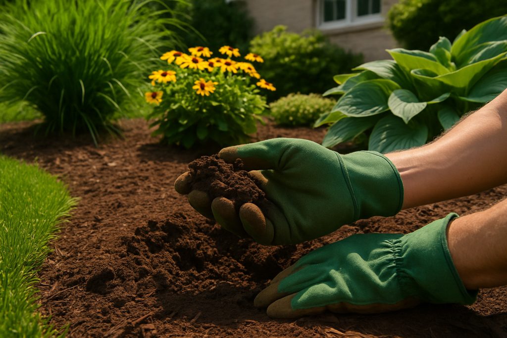 Hands wearing green gardening gloves preparing rich soil in a garden bed in Chester County with colorful flowers and lush greenery in the background.