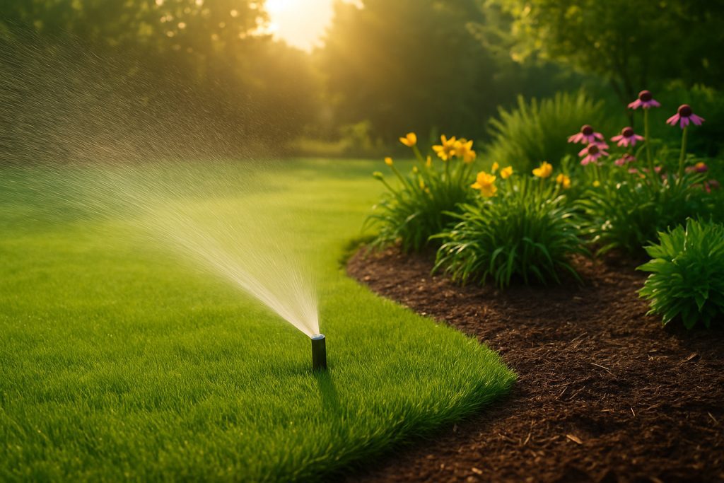 Lawn irrigation sprinkler watering a green lawn near colorful flower beds under warm sunlight in Chester County.