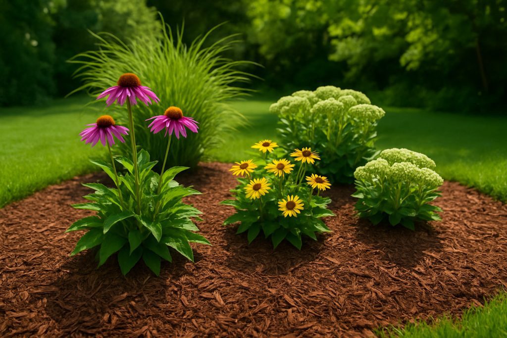 A mulched garden bed in Chester County with healthy perennial plants including purple coneflowers, yellow daisies, and ornamental grasses under natural sunlight.