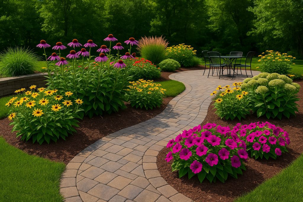 A colorful garden bed in Chester County featuring native summer flowers including purple coneflowers, black-eyed Susans, and ornamental grasses with mulch and stone edging