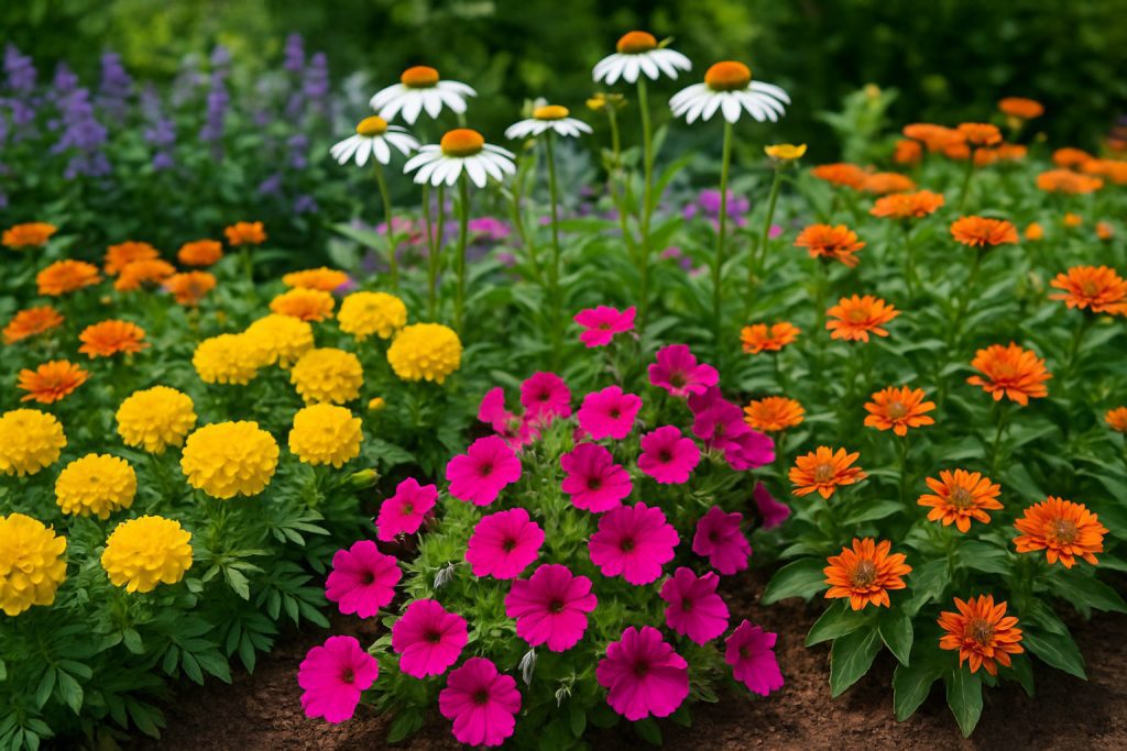 A bright summer flower garden bed in Landenberg with yellow marigolds, pink petunias, white daisies, and orange zinnias surrounded by lush greenery.