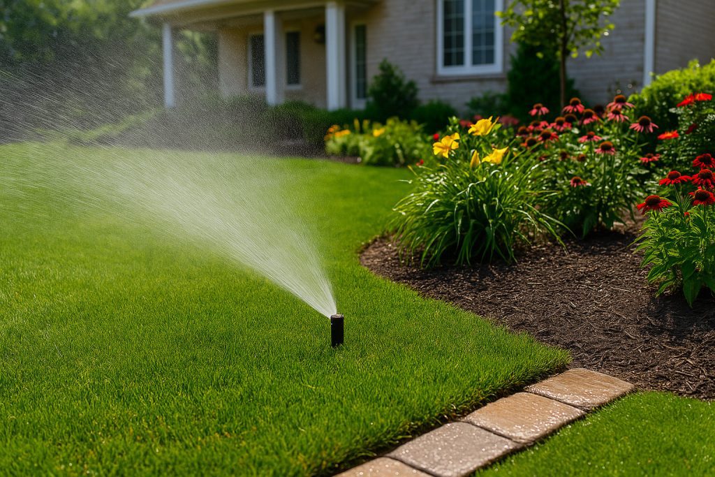 Automatic lawn sprinkler watering a green grass lawn next to a flower bed with colorful blooms in a Landenberg residential garden.