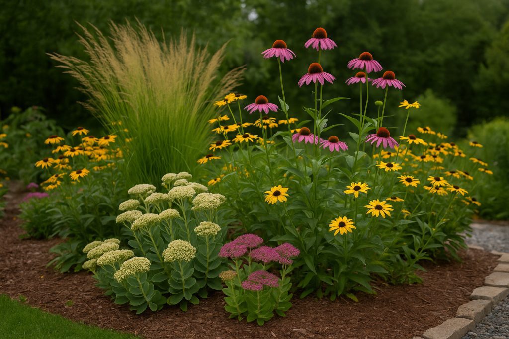 A colorful garden bed in Landenberg featuring native summer flowers including purple coneflowers, black-eyed Susans, and ornamental grasses with mulch and stone edging.