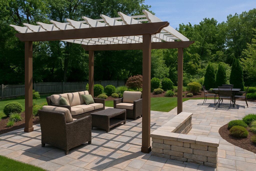 Outdoor patio in Landenberg with a wooden pergola, cushioned wicker seating, stone flooring, and lush green landscaping under a clear blue sky.