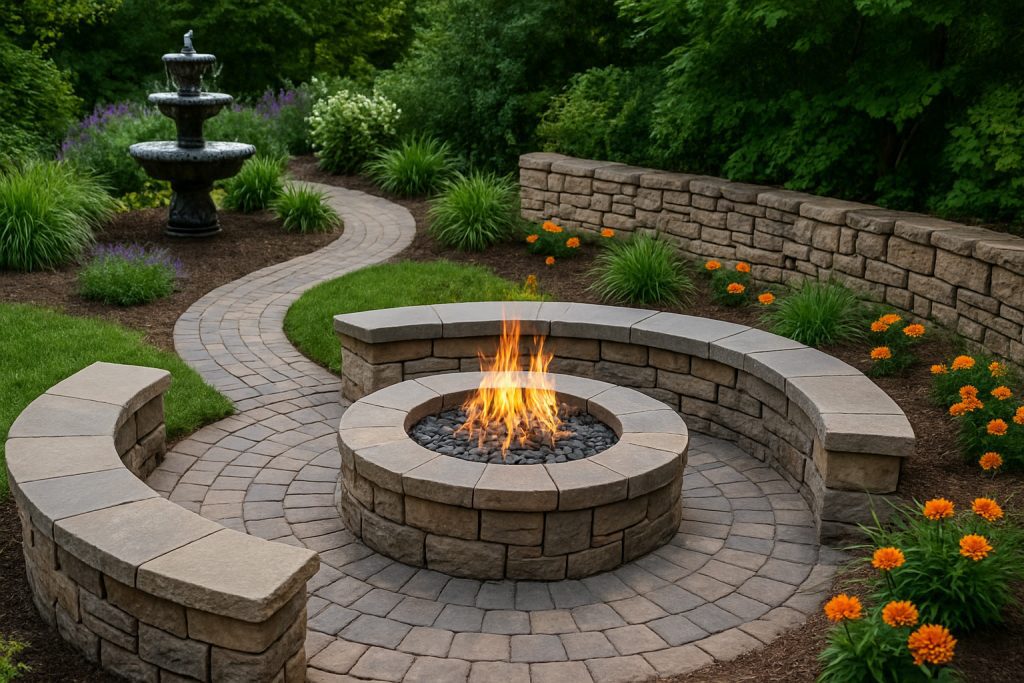 A beautifully designed stone fire pit patio in Landenberg surrounded by curved stone seating, landscaping with orange flowers, and a winding brick pathway.