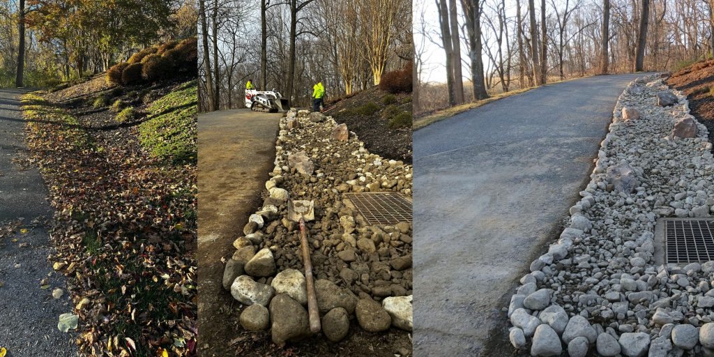 Three images showing the progression of a stormwater drainage swale project in Chester County — from leaf-covered runoff area, to in-progress stonework, to completed boulder-lined feature beside a driveway.