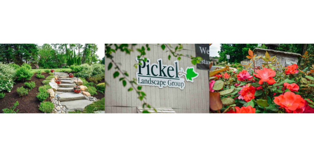 Beautiful Chester County landscaping featuring stone pathways, vibrant flowers, and the Pickel Landscape Group headquarters.